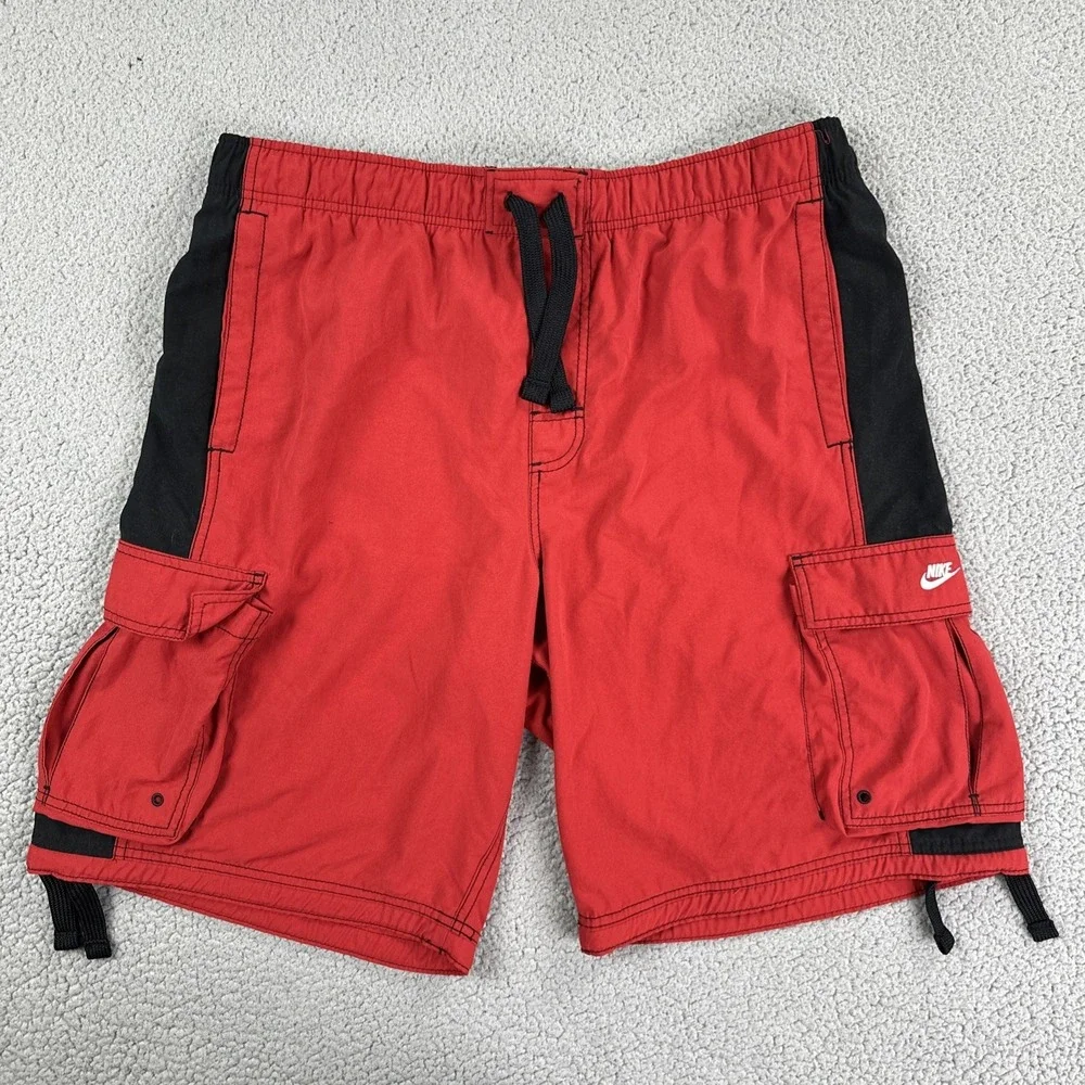 VTG Nike‎ Swim Trunks Board Shorts Men 2XL Red Black Embroidered Y2K 268944-648